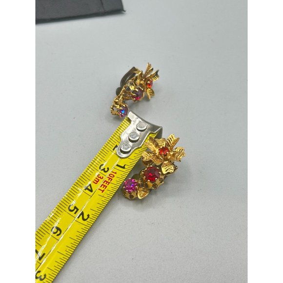Vintage Signed Austria Clip On Earrings Pink Red Tones Floral Climber Design - Picture 9 of 10